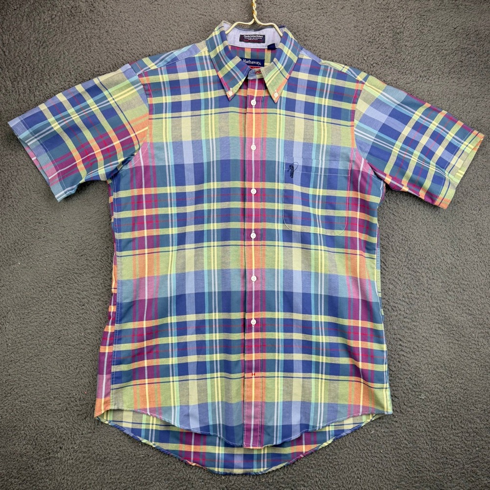 Vtg Hathaway Golf Mens 15.5 Plaid Oxford Button Down Shirt Multicolor USA Made
